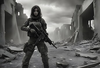 Woman in combat suit with AK47 in ruins